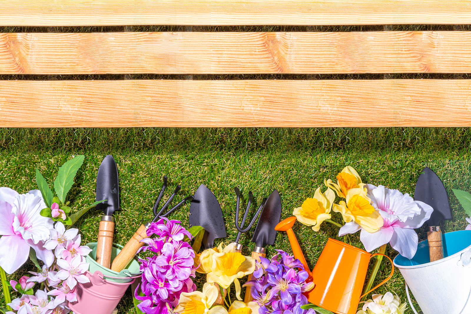 Spring gardening concept. Springtime garden flowers and plants, with garden utensils and tools on sunny green grass background, copy space